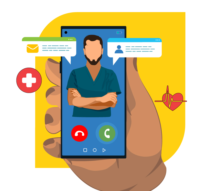 CVFP virtual visit graphic patient holding phone in hand for teledoc services